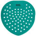 A teal green heart-shaped Lavex urinal screen with white dots.
