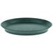 A green oval deli server with a short base.