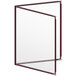 A maroon menu cover with silver corners and a matte finish.