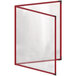 A red menu cover with black corners and a glossy finish.