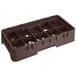 A brown plastic Cambro glass rack with 10 compartments.