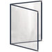 A blue menu cover with silver decorative corners and a glossy finish.