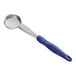 A close-up of a silver and blue Vollrath Spoodle with a strainer end.