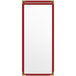A white rectangular menu cover with red and gold corners.