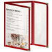 A red menu cover with white trim and a glossy finish with gold corners.
