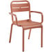 A brown resin outdoor armchair with armrests.