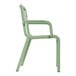 A sage green plastic chair with metal arms.