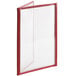 A burgundy plastic menu cover with clear plastic sleeves for three pages.