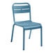 A blue resin Grosfillex outdoor sidechair.