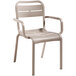 A taupe plastic outdoor armchair with armrests.