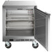 A stainless steel Beverage-Air undercounter freezer with a door open.