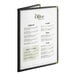 A black double pocket menu cover with gold corner protectors displaying a restaurant menu.