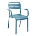 A blue Grosfillex plastic outdoor armchair with metal frame and armrests.