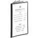 A black Choice 8-View Four Pocket Menu Cover with a price list.