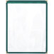 A green menu cover with a clear plastic frame and gold trim.