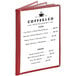 A burgundy Choice menu cover with four pockets on a table in an Italian restaurant.