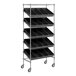 A black metal Regency mobile slanted shelf unit with wheels.