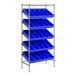 A chrome metal shelving unit with blue plastic bins on metal shelves.