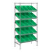 A metal Regency shelving unit with green bins on each shelf.