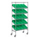 A Regency chrome shelving unit with green bins on wheels.