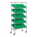 A Regency chrome shelving unit with green slanted shelves on wheels.