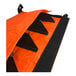 An orange bag with black triangles and black handles for Quick Dam water barriers.