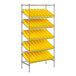 A yellow metal shelf with metal rods holding yellow bins.