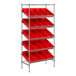 A metal shelving unit with red slanted shelves and bins on white shelves.