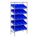 A metal shelving unit with blue plastic bins on the shelves.