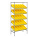 A Regency chrome metal shelving unit with yellow storage bins on the shelves.