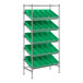 A green metal Regency shelf unit with bins on shelves.