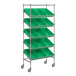 A Regency chrome mobile slanted shelf unit with green bins on wheels.