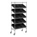 A Regency black metal slanted shelf unit on wheels.