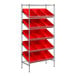 A metal shelf unit with red trays on metal shelves.