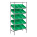 A metal Regency shelving unit with green slanted bins on four shelves.
