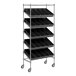 A Regency black metal slanted shelf unit with black bins on wheels.