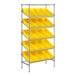 A Regency chrome metal shelving unit with yellow bins on three shelves.