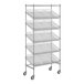 A Regency chrome wire shelving unit with slanted shelves and clear bins on wheels.