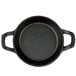 An American Metalcraft black cast iron round casserole dish with two handles.