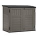 A Suncast tan plastic horizontal storage shed.