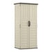 A Suncast white plastic vertical storage shed.