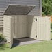 A Suncast vanilla outdoor storage shed with open doors.