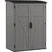 A Suncast grey vertical storage shed with black doors.