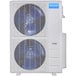 A white MRCOOL DIY multi-zone mini-split heat pump condenser with blue fans.