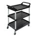 A black Rubbermaid® three shelf utility cart with silver legs.