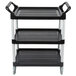 A black Rubbermaid three shelf utility cart with wheels.