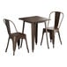 A brown square Lancaster Table & Seating Alloy Series outdoor table with two brown metal chairs.