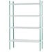 A white and green Advance Tabco mobile shelving unit with four shelves.