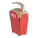 A red and tan plastic Heinz Ketchup dispenser container with a handle.