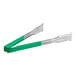 Two Vollrath stainless steel tongs with green Kool-Touch handles.